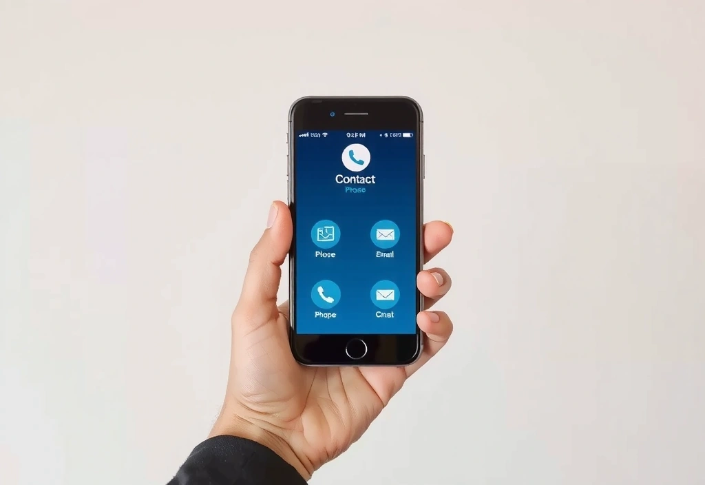 Eine Hand hält ein Smartphone mit Kontaktsymbolen