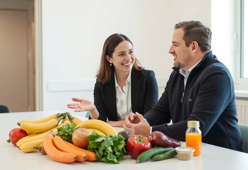 Eine lächelnde Ernährungsberaterin erklärt einem Klienten die Vorteile einer gesunden Ernährung, umgeben von frischen Lebensmitteln.