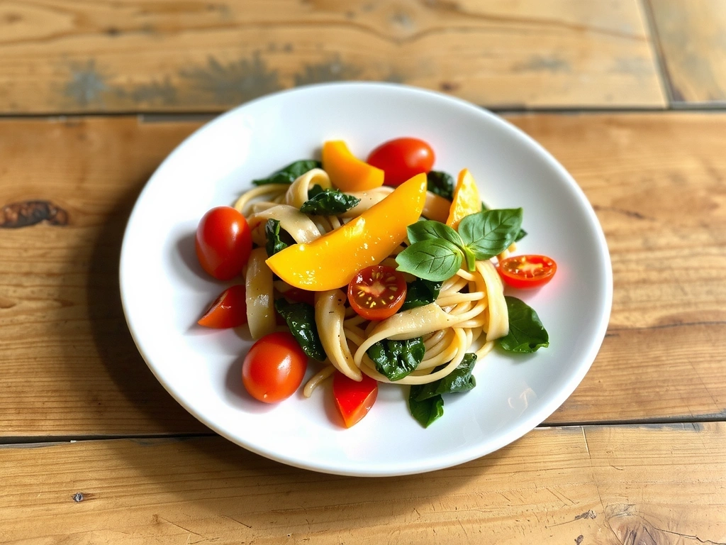 Ein Teller mit glutenfreien Nudeln und frischem Gemüse, symbolisiert Allergie-Management