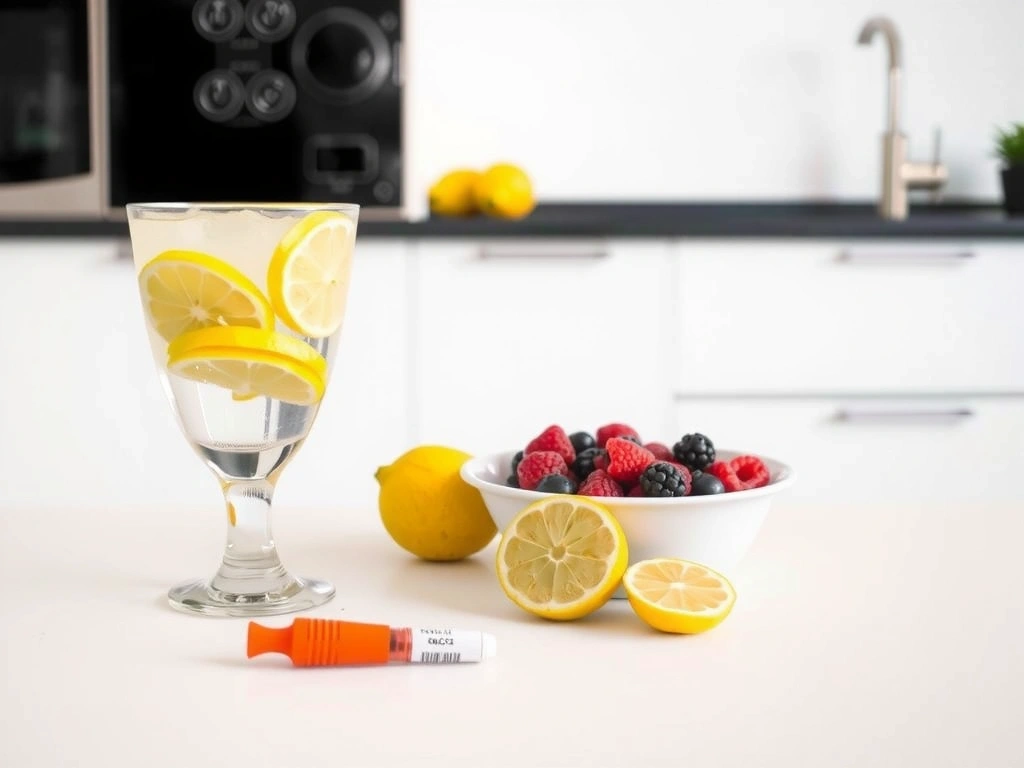 Ein Glas Wasser mit Zitronenscheiben und daneben Insulin-Pen, symbolisiert Diabetes-Management