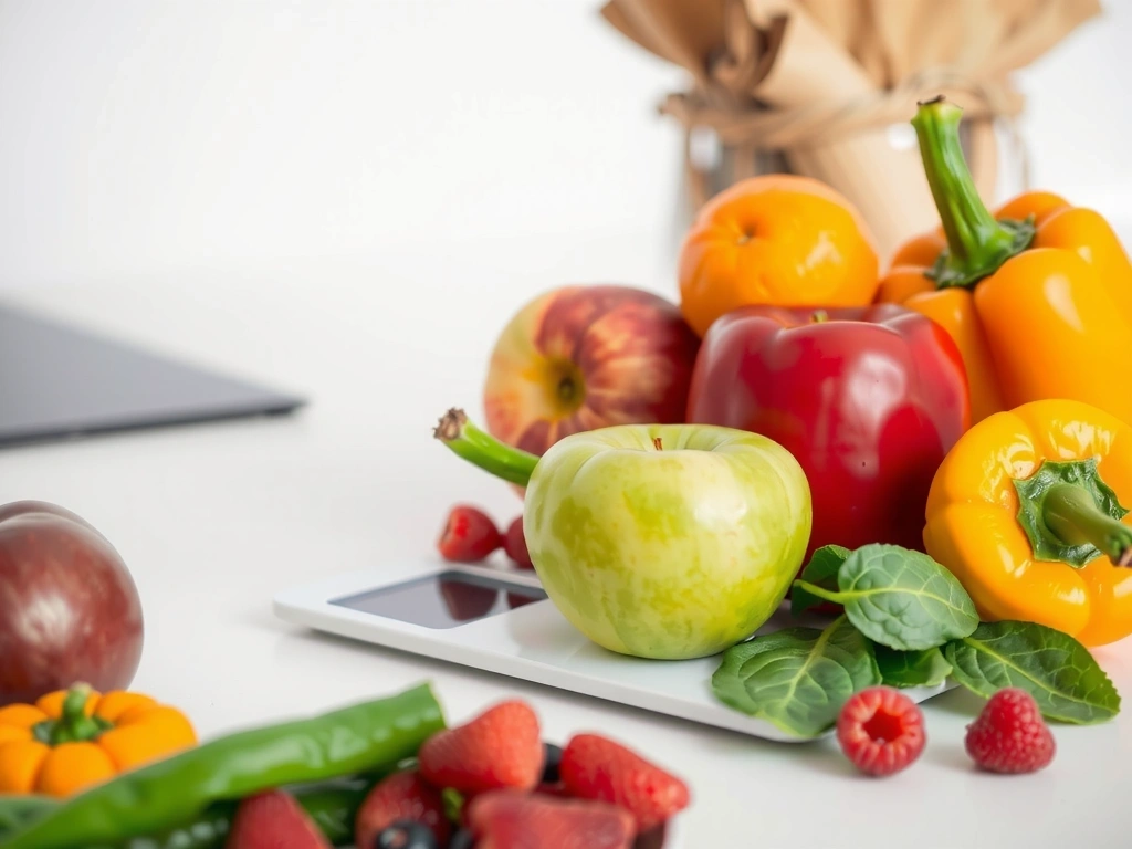 Eine Waage mit frischem Obst und Gemüse daneben, symbolisiert gesundes Gewichtsmanagement