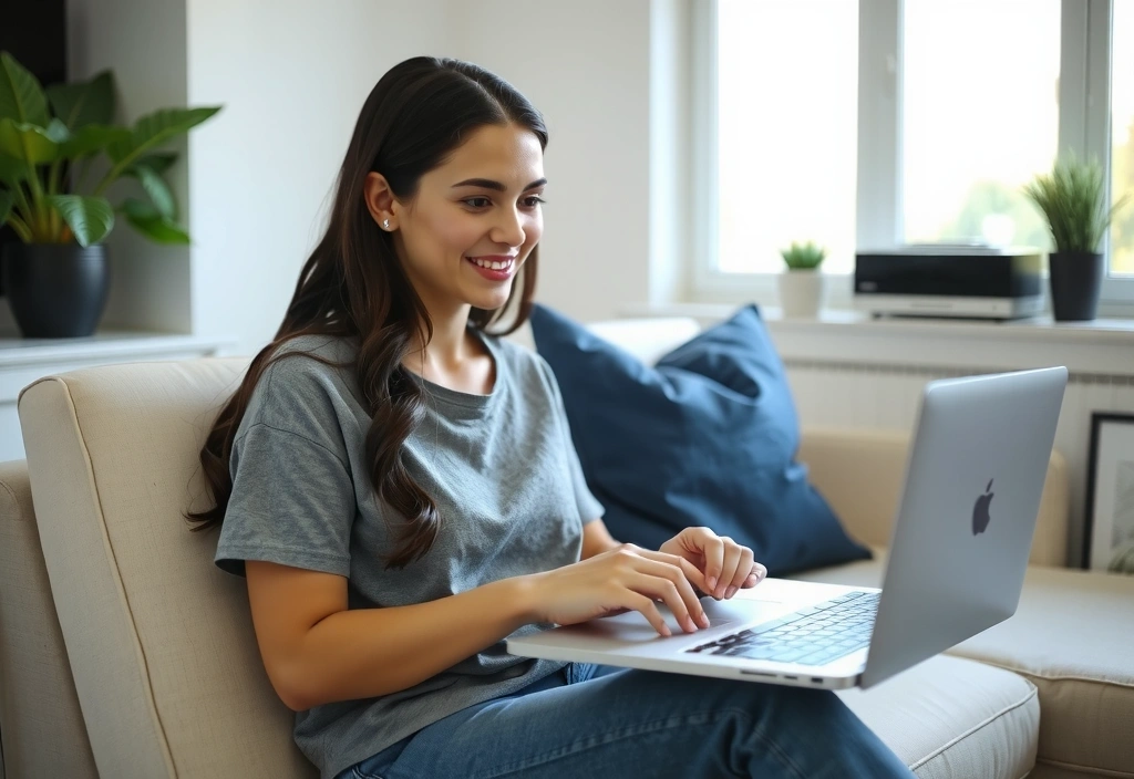 Frau macht Online-Beratung am Laptop mit einem Lächeln