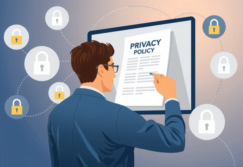 Illustration einer Person, die sich mit Datenschutzrichtlinien in einem sicheren digitalen Umfeld auseinandersetzt, umgeben von Schlosssymbolen und Datenflüssen