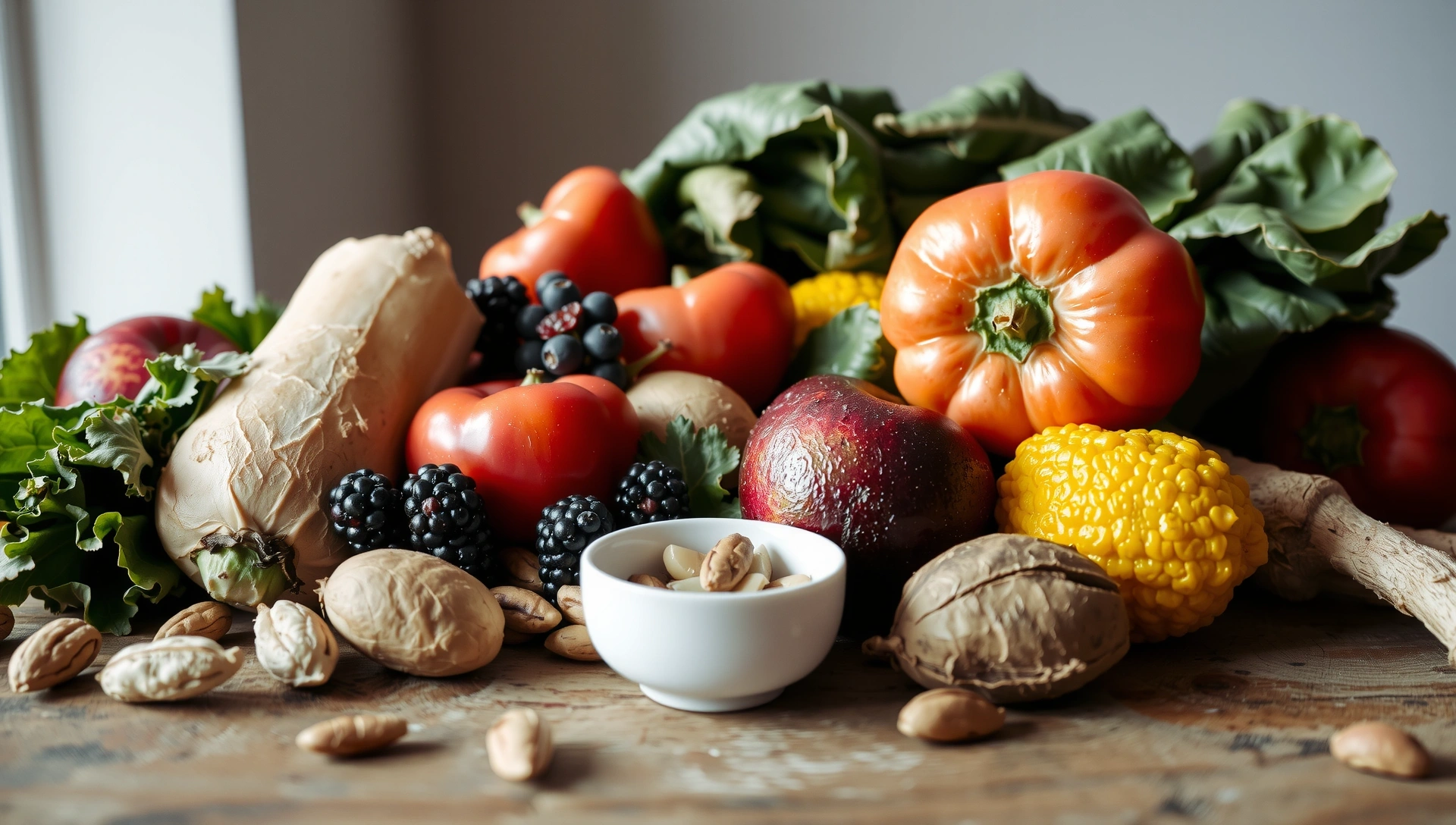 Frisches Gemüse, Obst und Nüsse auf einem Holztisch, symbolisierend gesunde Ernährung