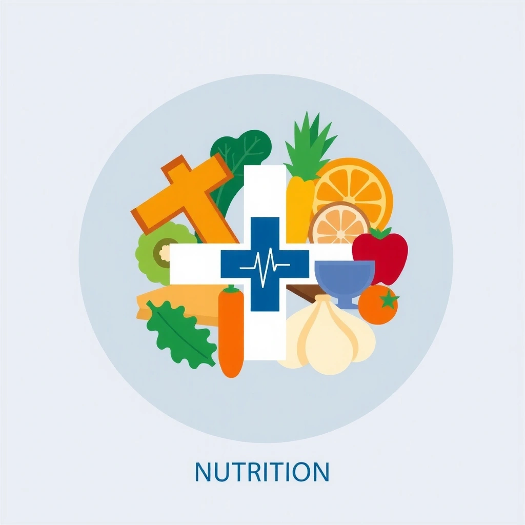 Symbol für Ernährung bei Erkrankungen: medizinisches Kreuz mit Lebensmittelkreis