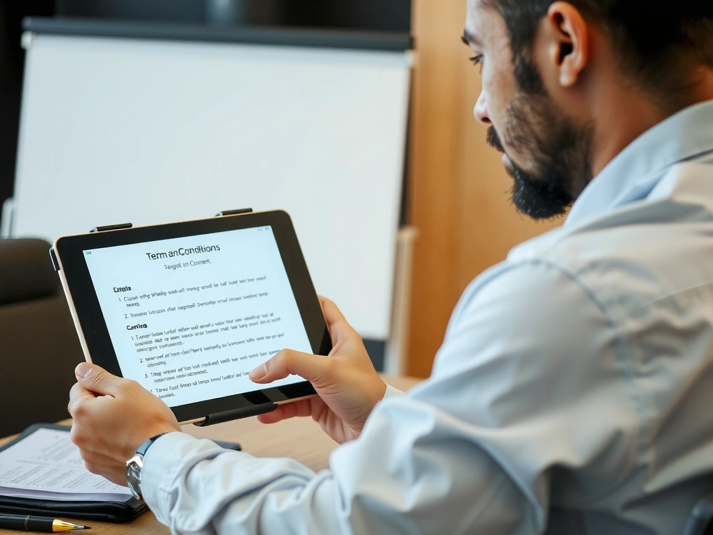 Person liest wichtige Dokumente auf einem Tablet