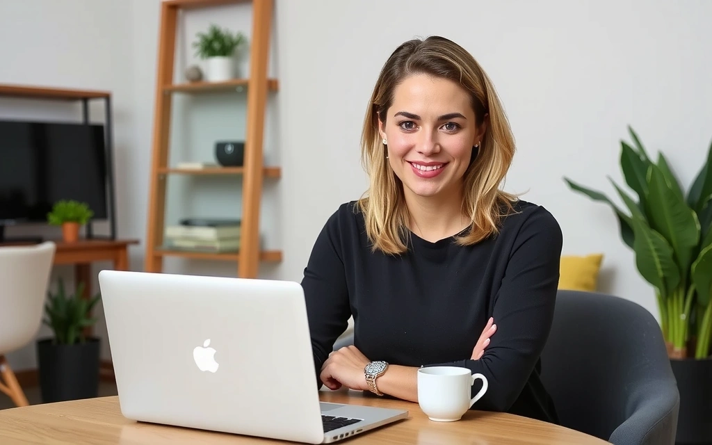 Dr. Anna Schneider bei einer Online-Sprechstunde, lächelnd und professionell am Laptop